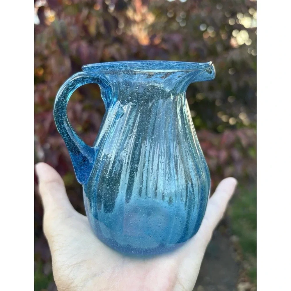 Vintage Aqua Blue Optical Ribbed Bubble Glass Mini Pitcher 4